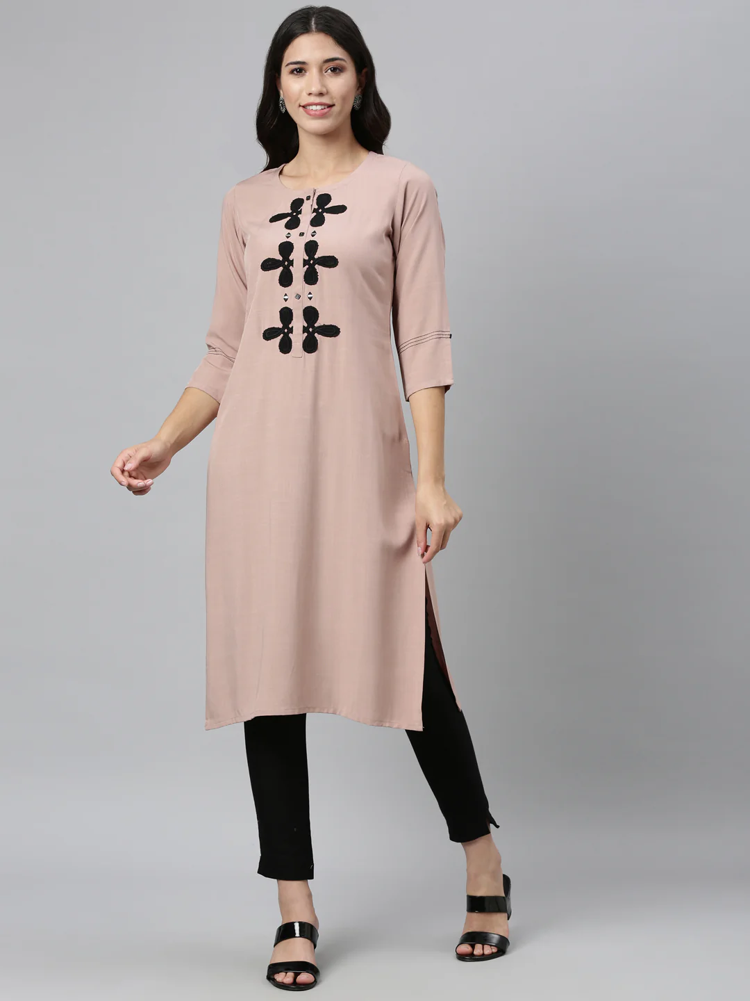Neerus Beige Color Slub Rayon Fabric Kurta - Image 4
