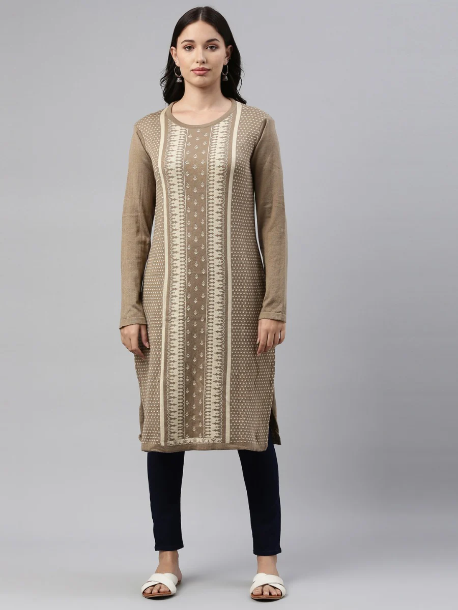 Neerus Beige Color Winter Wear Kurtha - Image 7