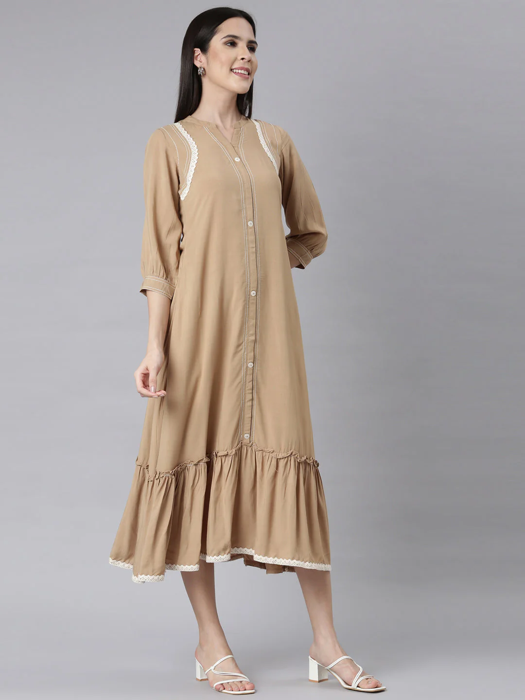 Neerus Beige Curved Casual Solid Maxi Dresses - Image 2