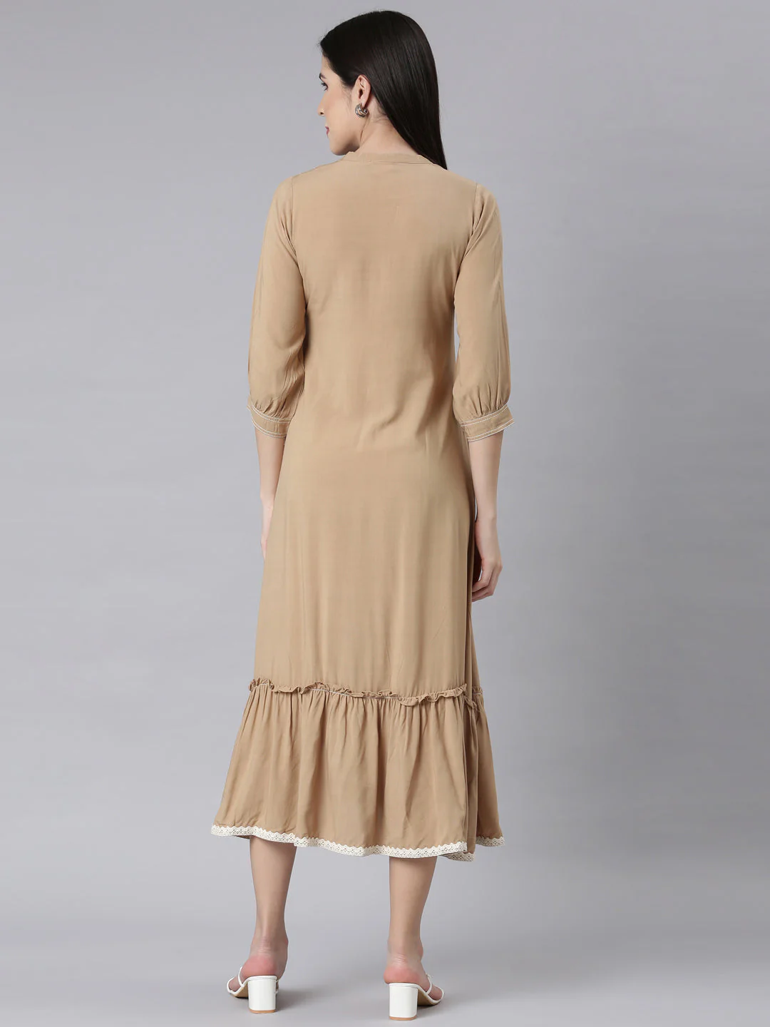 Neerus Beige Curved Casual Solid Maxi Dresses - Image 3