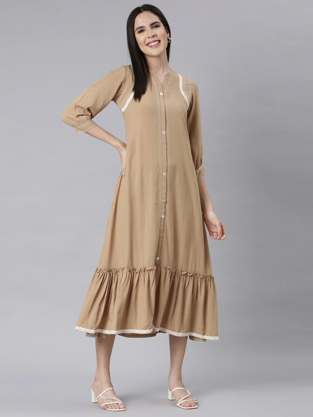 Neerus Beige Curved Casual Solid Maxi Dresses - Image 4