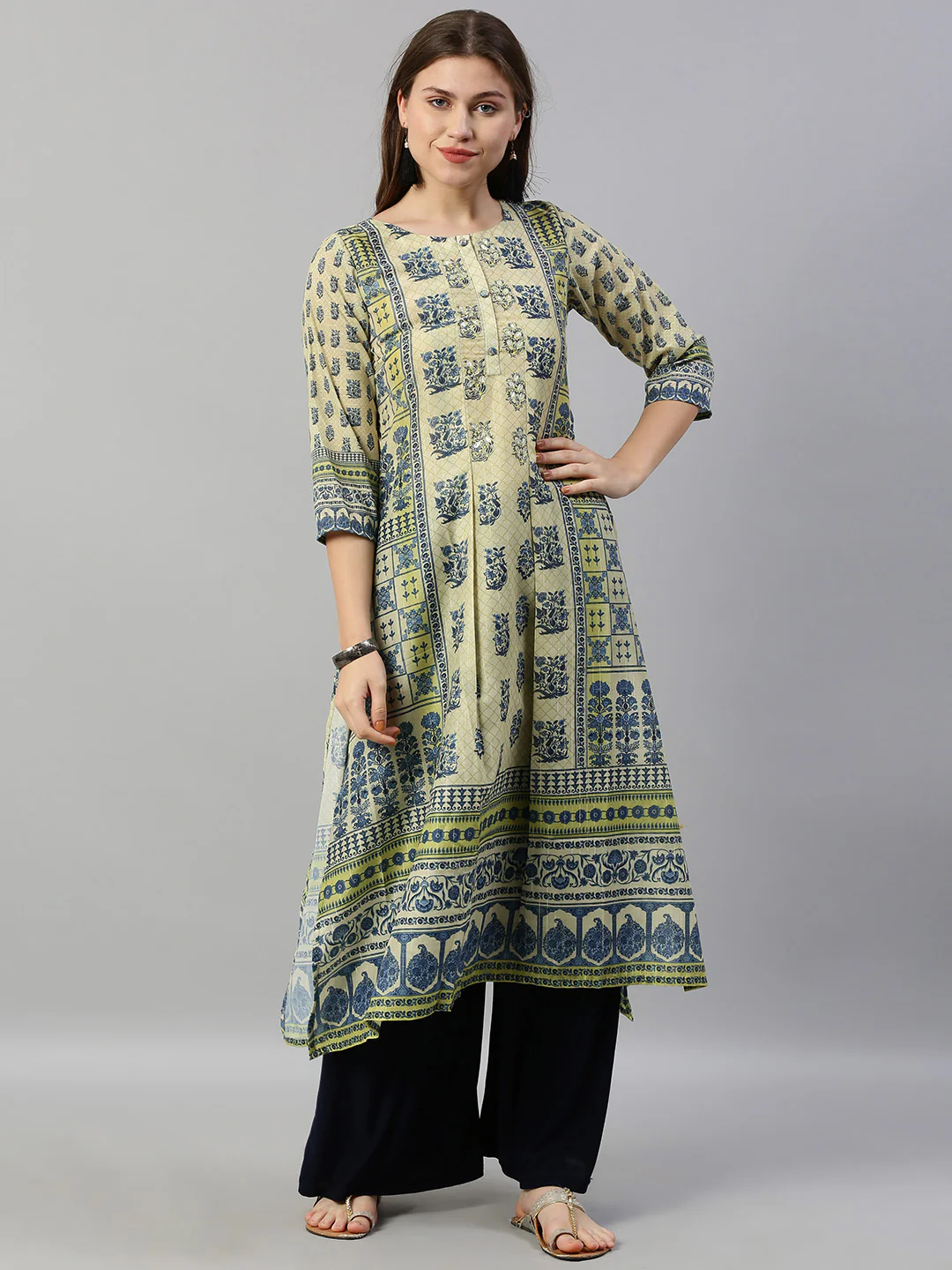 Neerus Beige Embroidered A Line Kurta