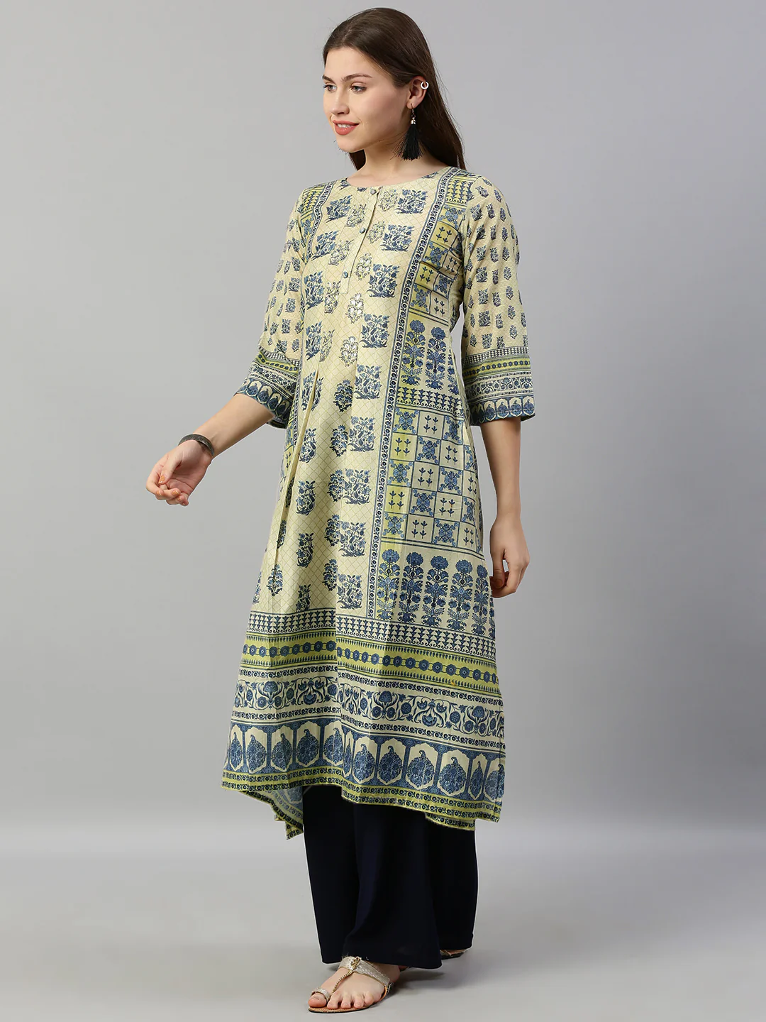 Neerus Beige Embroidered A Line Kurta - Image 3