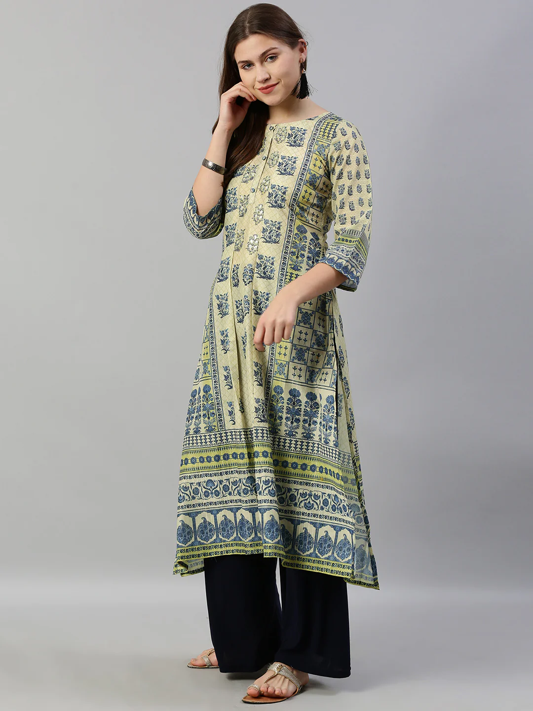 Neerus Beige Embroidered A Line Kurta - Image 5