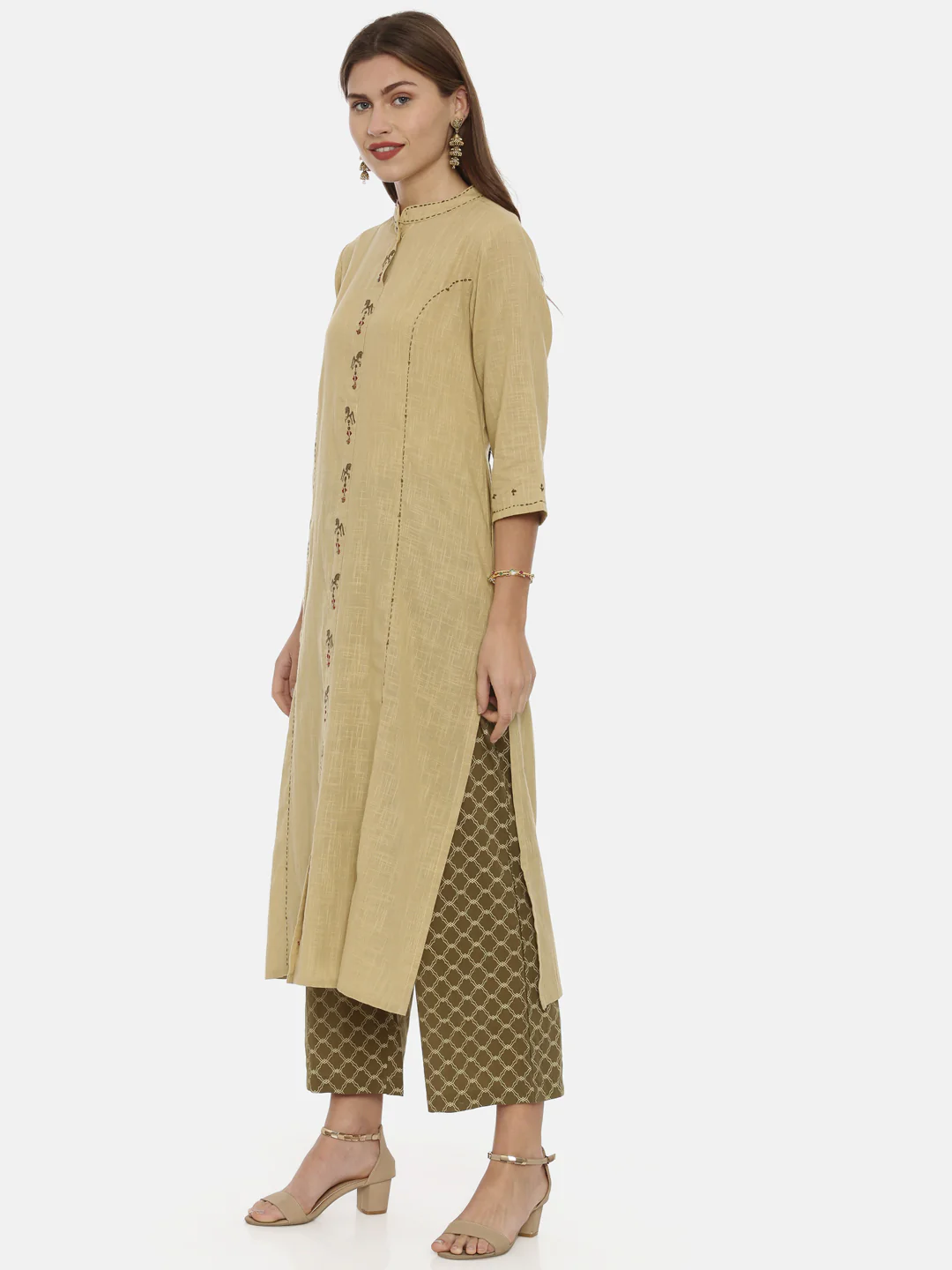 Neerus Beige Embroidered A Line Kurta - Image 3