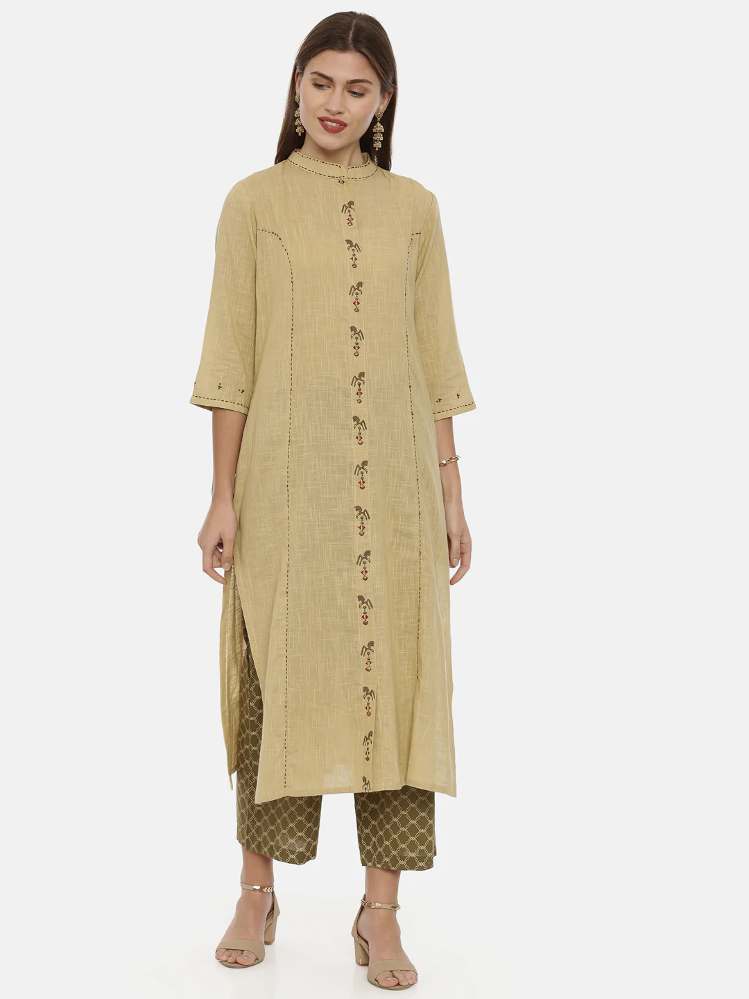 Neerus Beige Embroidered A Line Kurta - Image 7