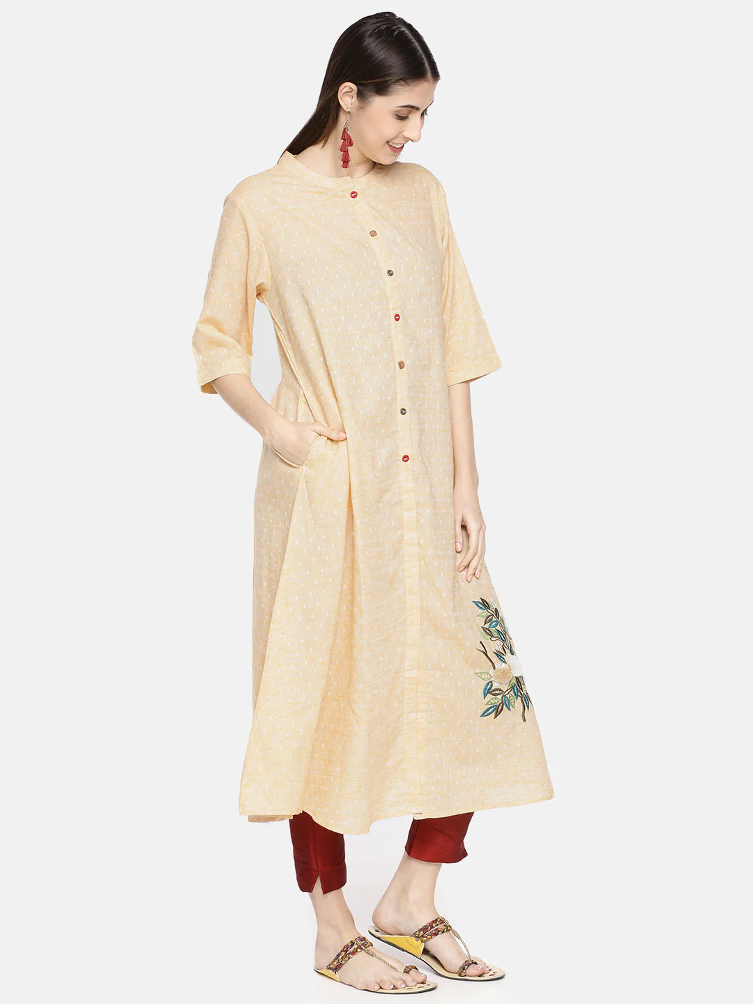 Neerus Beige Embroidered A Line Kurta - Image 4