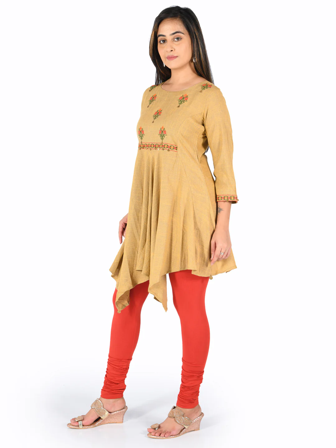 Neerus Beige Embroidered High Low Kurta - Image 3