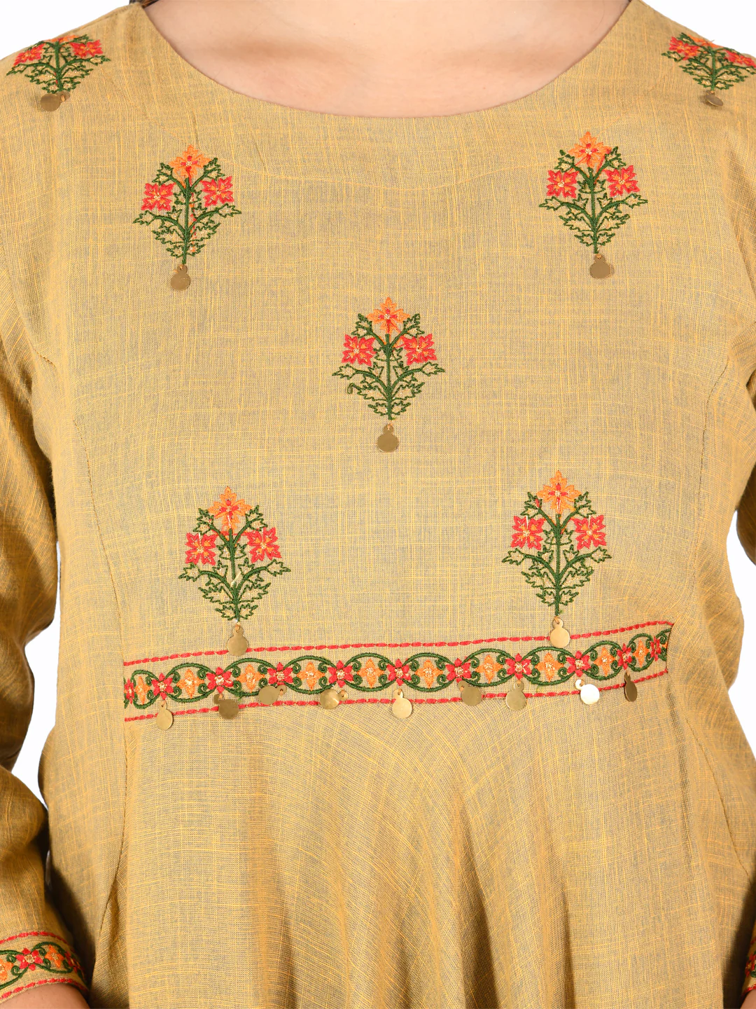 Neerus Beige Embroidered High Low Kurta - Image 5