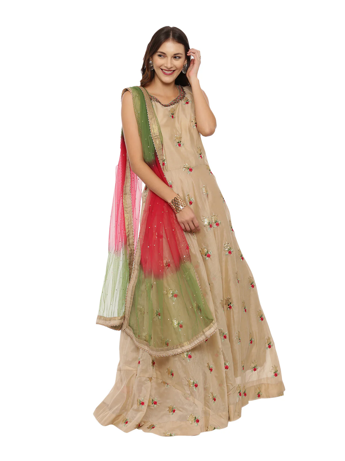 Neerus Beige Embroidered Kurta With Churidar & Dupatta