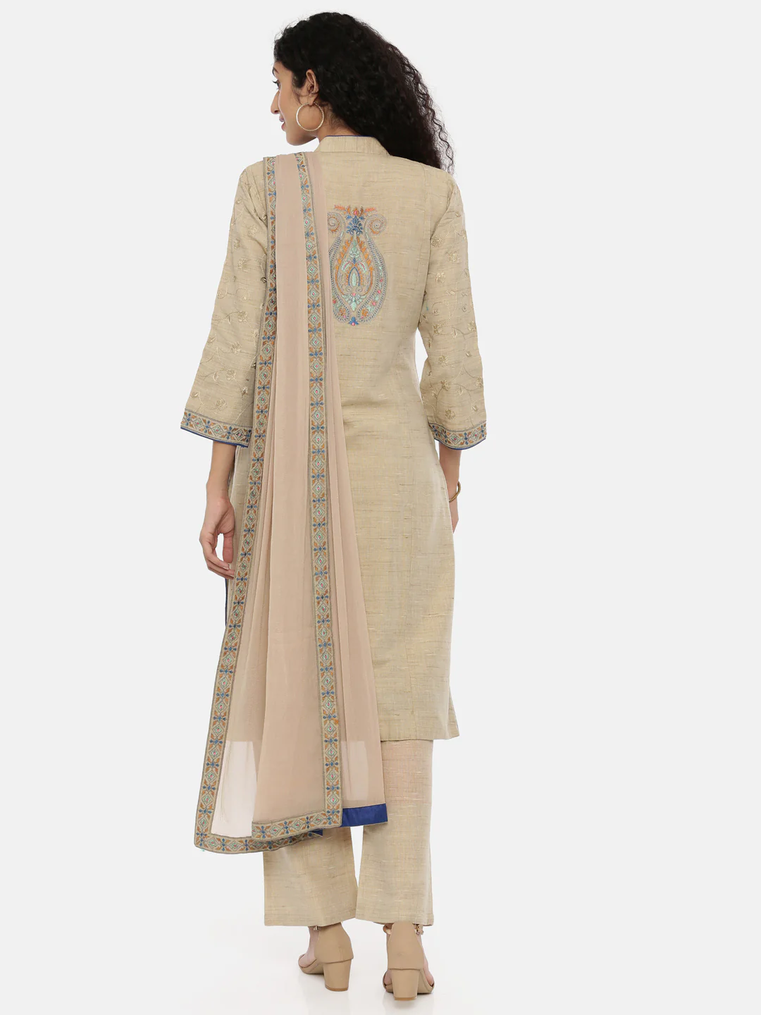 Neerus Beige Embroidered Kurta With Palazzo & Dupatta - Image 3