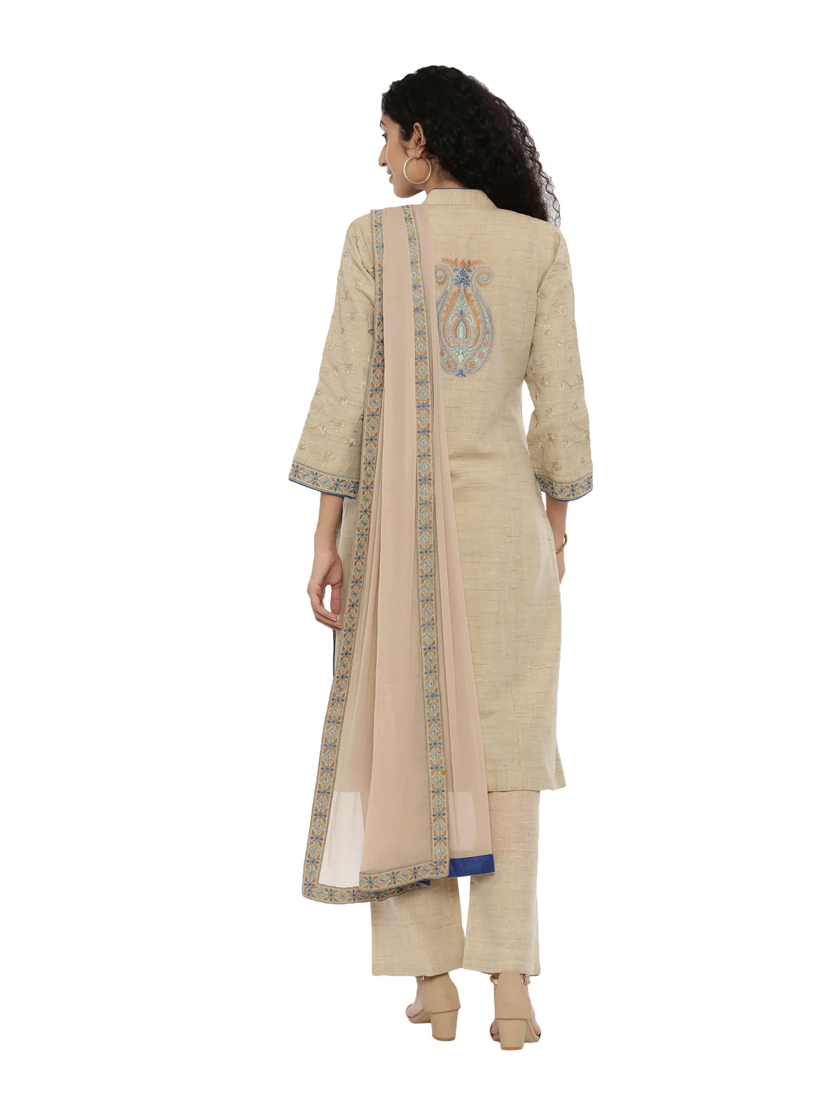 Neerus Beige Embroidered Kurta With Palazzo & Dupatta - Image 4