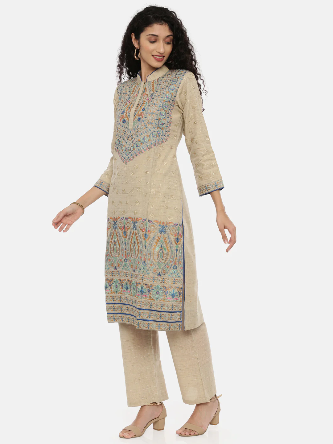 Neerus Beige Embroidered Kurta With Palazzo & Dupatta - Image 5