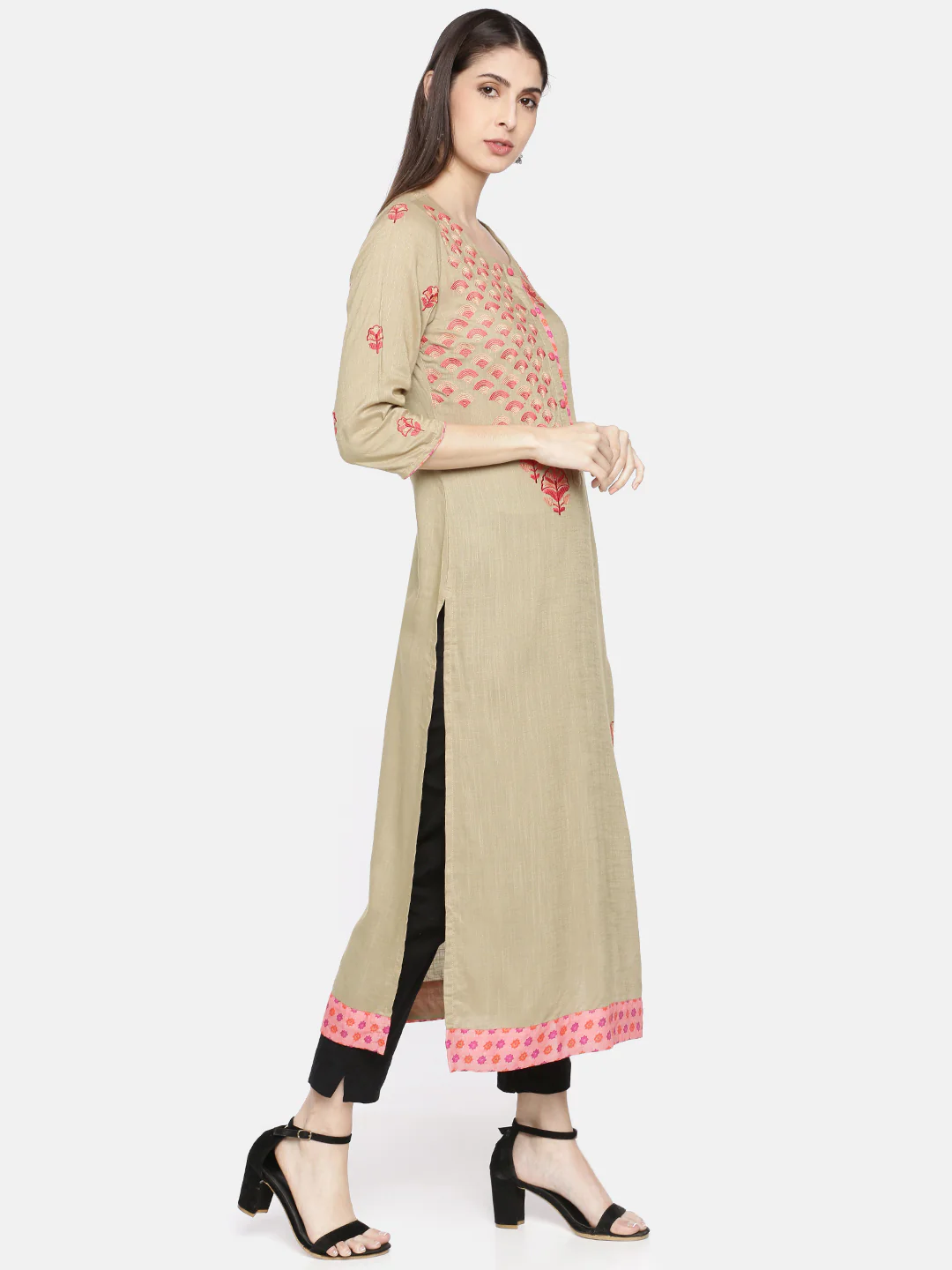 Neerus Beige Embroidered Straight Kurta - Image 3