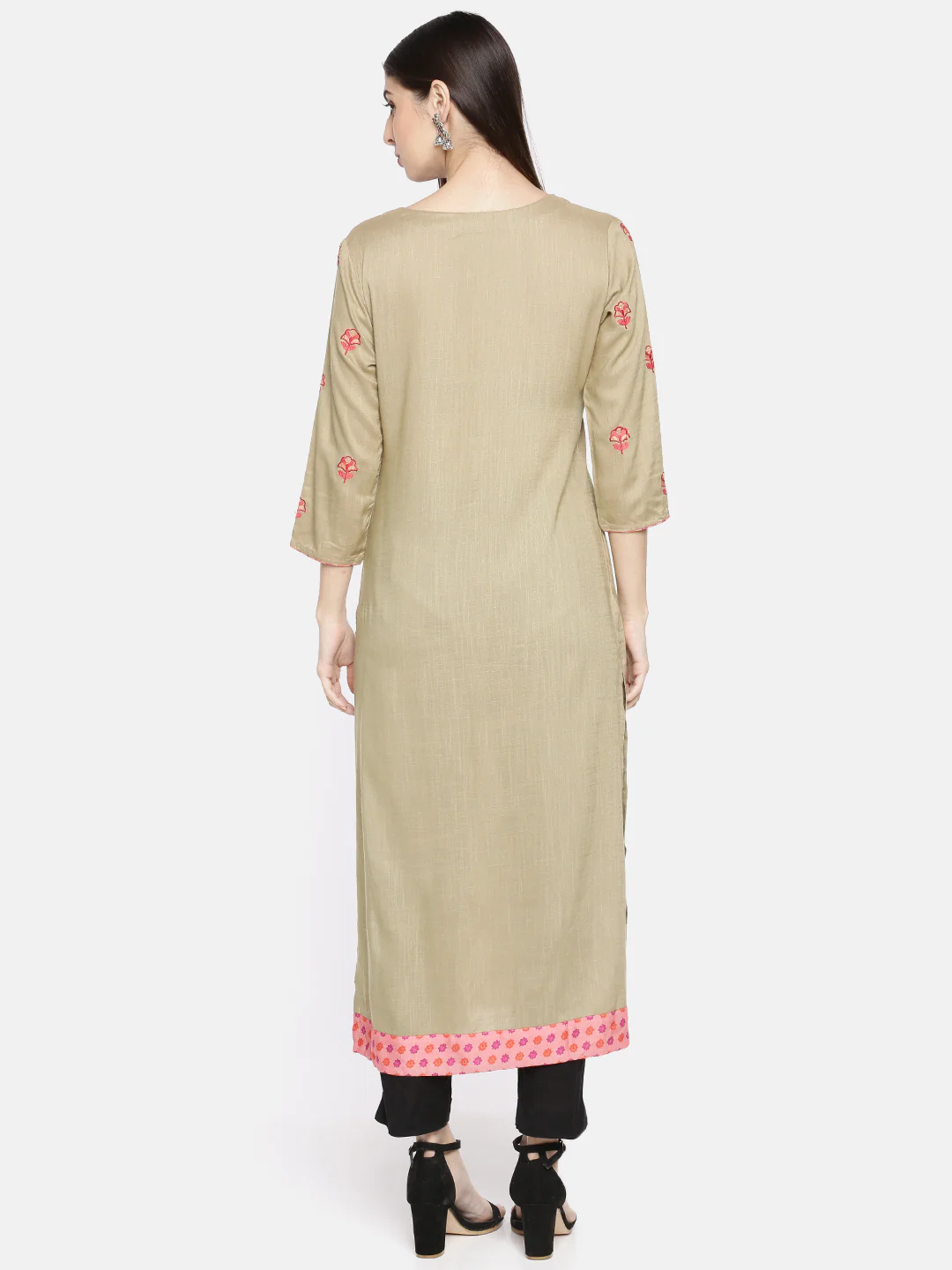 Neerus Beige Embroidered Straight Kurta - Image 4