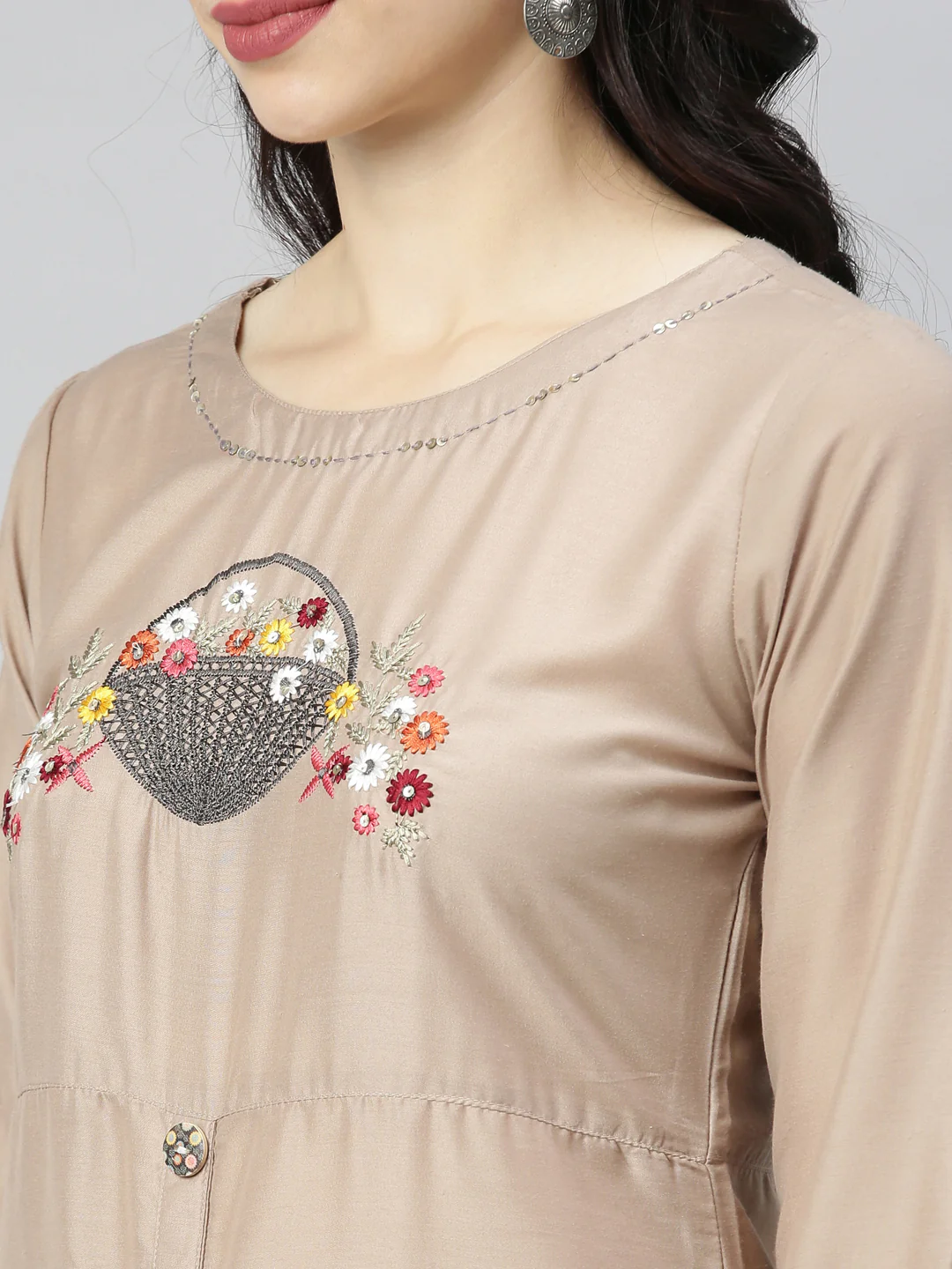 Neerus Beige Embroidered Straight Kurta - Image 2