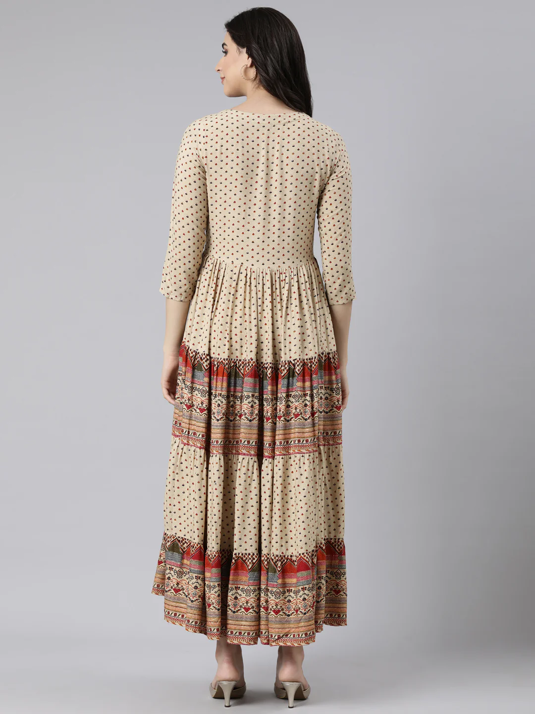 Neerus Beige Flared Casual Polka Dots Maxi Dresses - Image 3