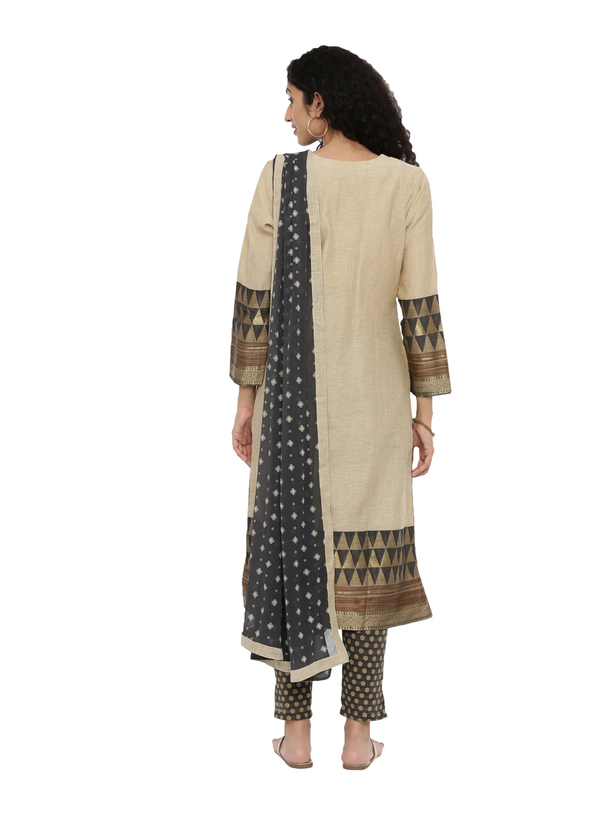 Neerus Beige & Green Embroidered Kurta With Pant & Dupatta - Image 4