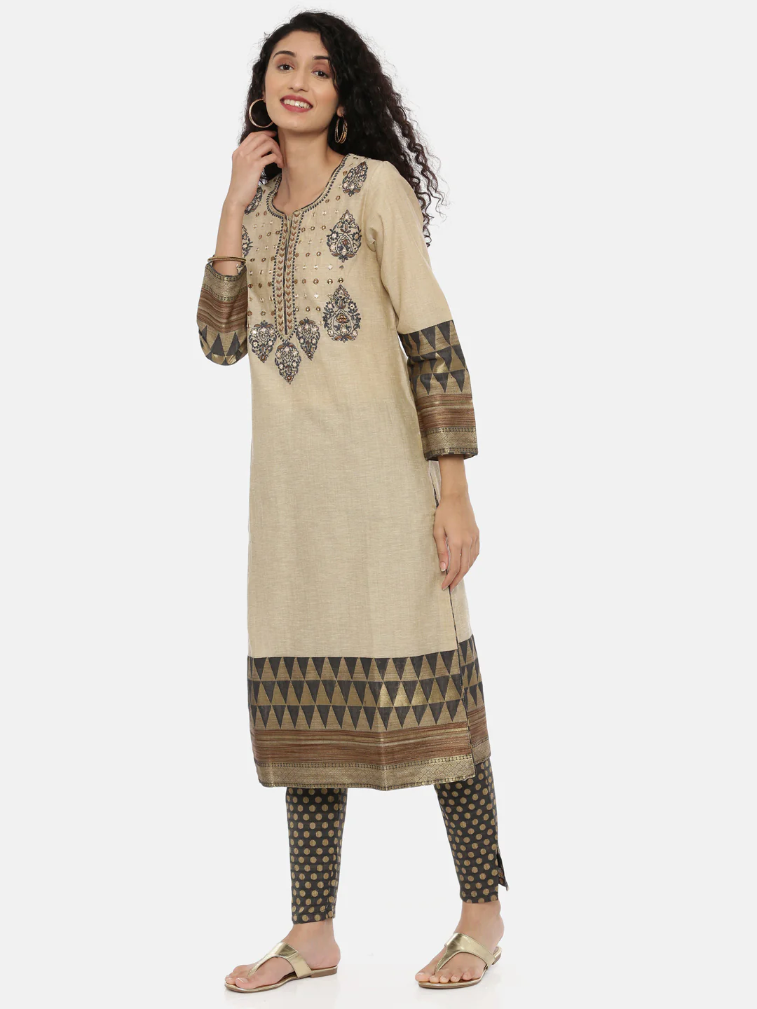 Neerus Beige & Green Embroidered Kurta With Pant & Dupatta - Image 5