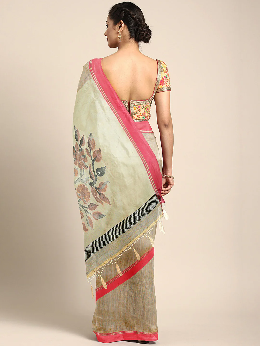 Neerus Beige Jute Silk Solid Chanderi Saree - Image 2