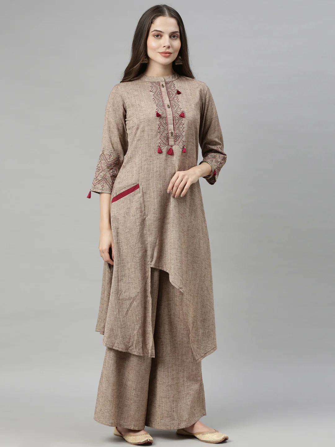 Neerus Beige Maroon Color Rayon Fabric Tunic Set