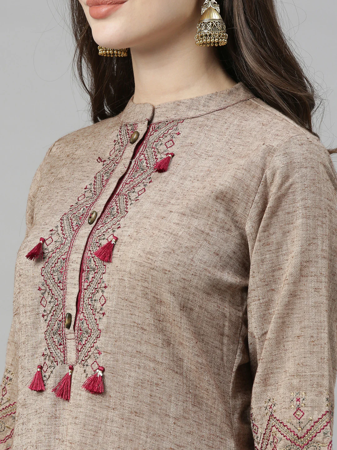 Neerus Beige Maroon Color Rayon Fabric Tunic Set - Image 2