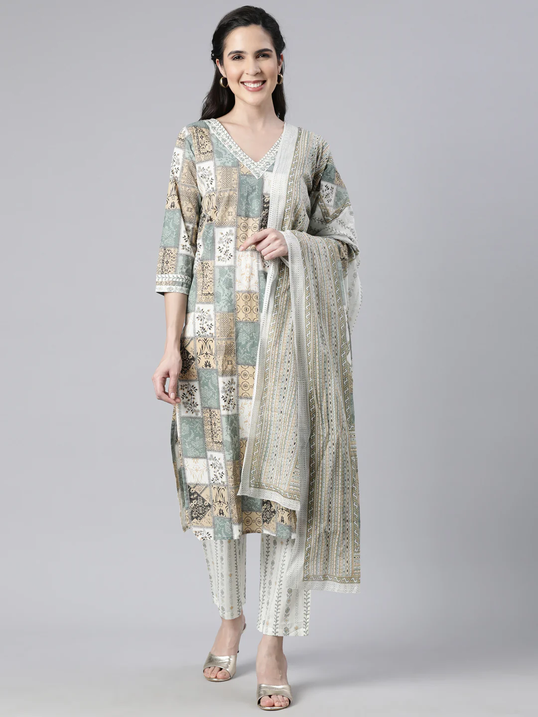 Neerus Beige Panelled Straight Colourblocked Kurta And Trousers With Dupatta