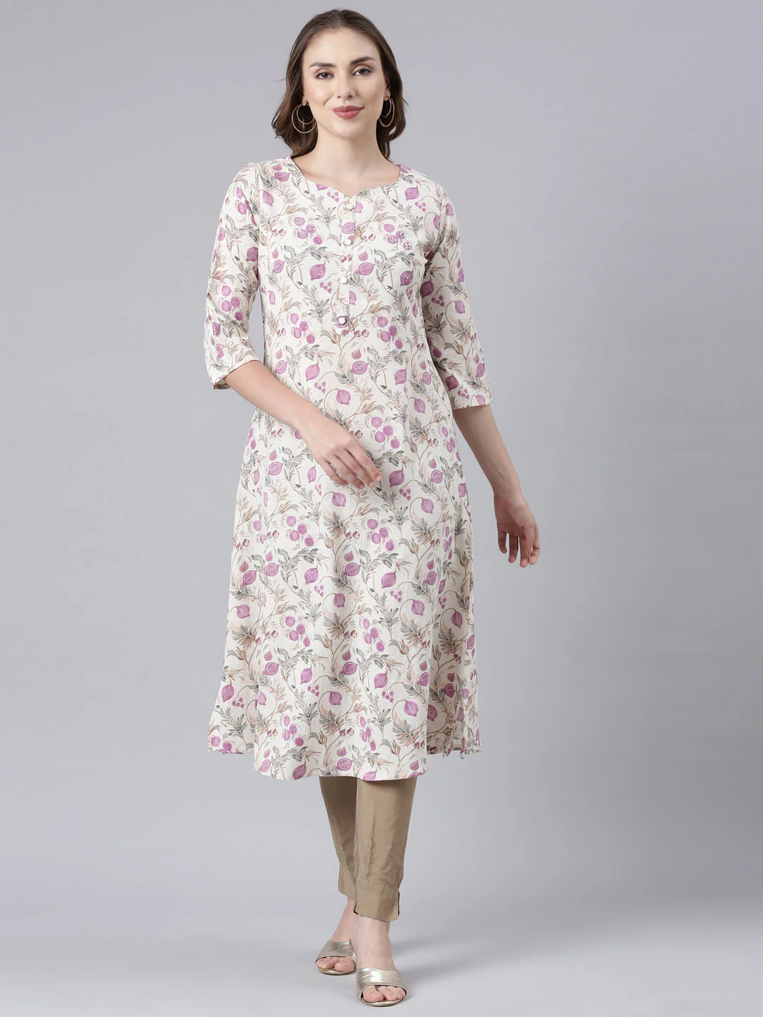 Neerus Beige Panelled Straight Floral Kurta