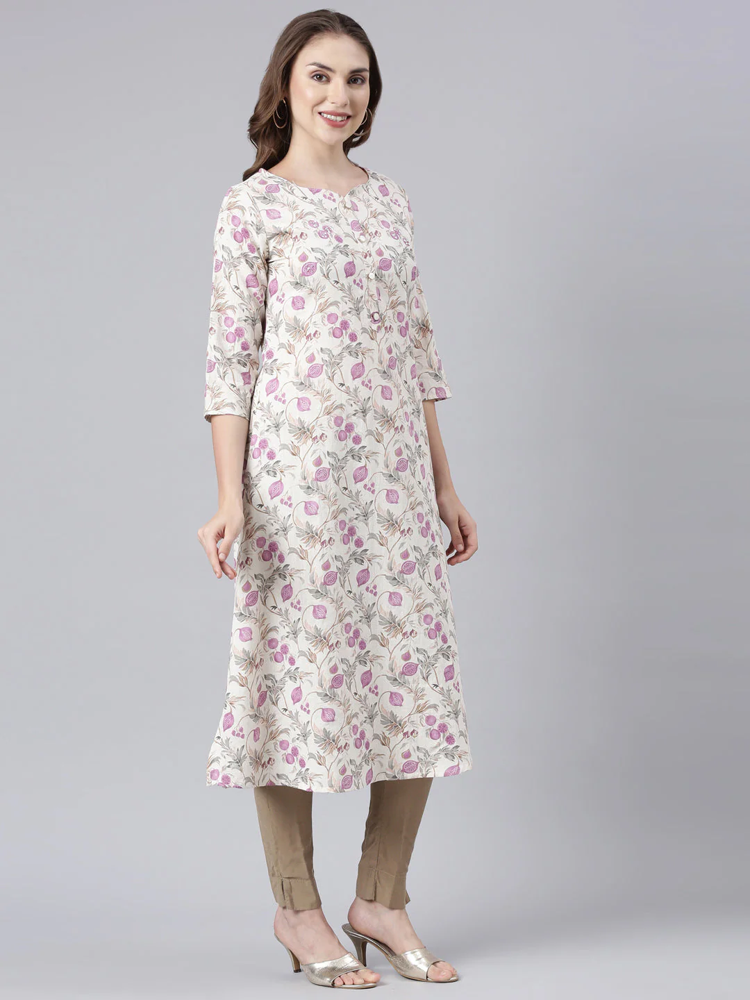 Neerus Beige Panelled Straight Floral Kurta - Image 3