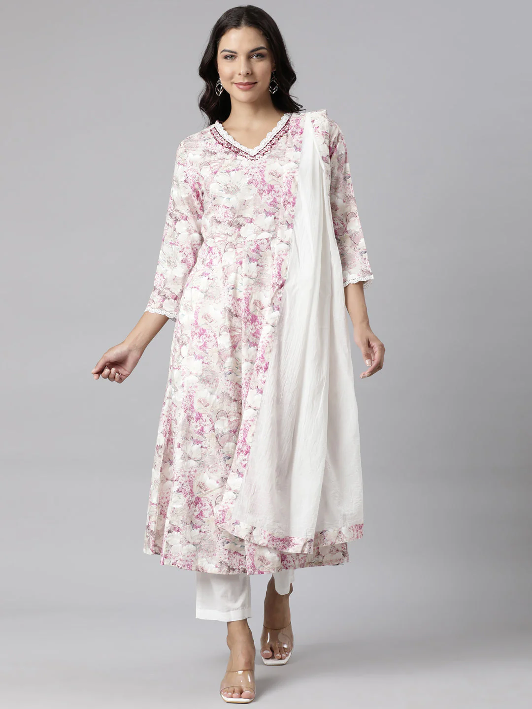 Neerus Beige Panelled Printed Kurta And Trousers With Dupatta