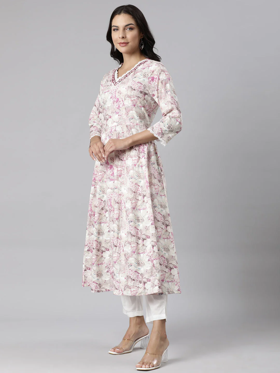 Neerus Beige Panelled Printed Kurta And Trousers With Dupatta - Image 2