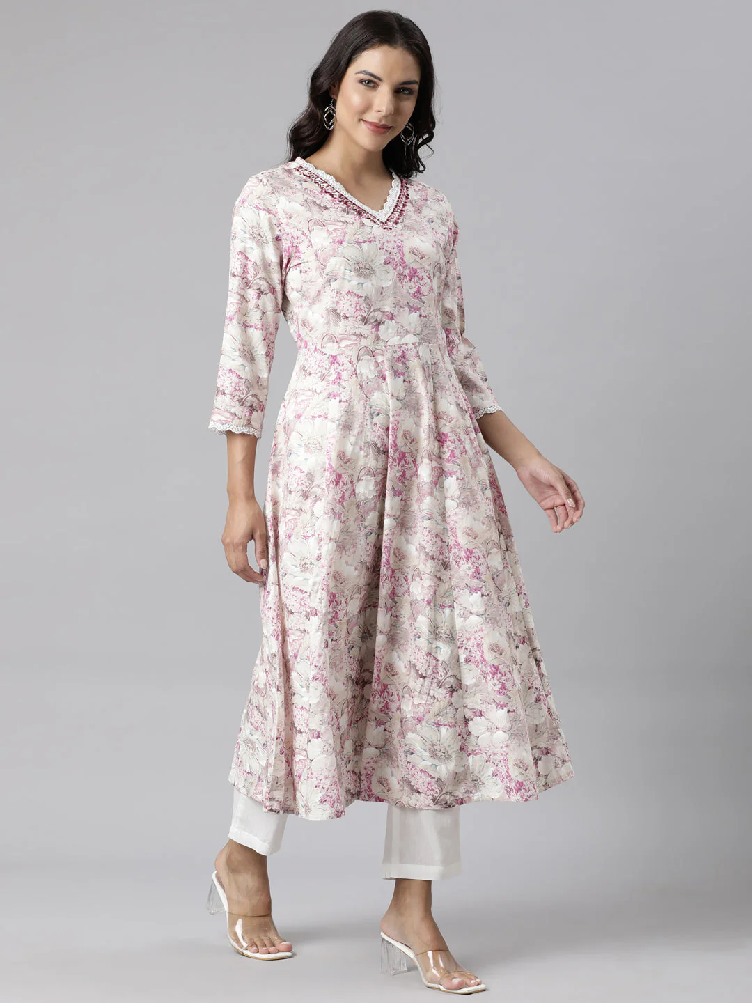 Neerus Beige Panelled Printed Kurta And Trousers With Dupatta - Image 3