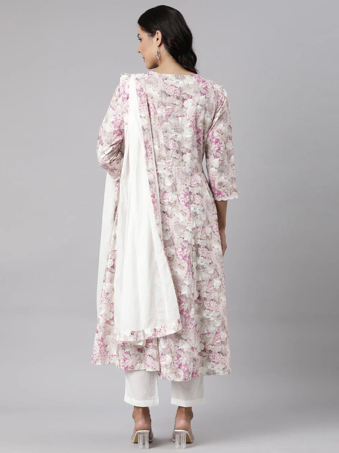 Neerus Beige Panelled Printed Kurta And Trousers With Dupatta - Image 4