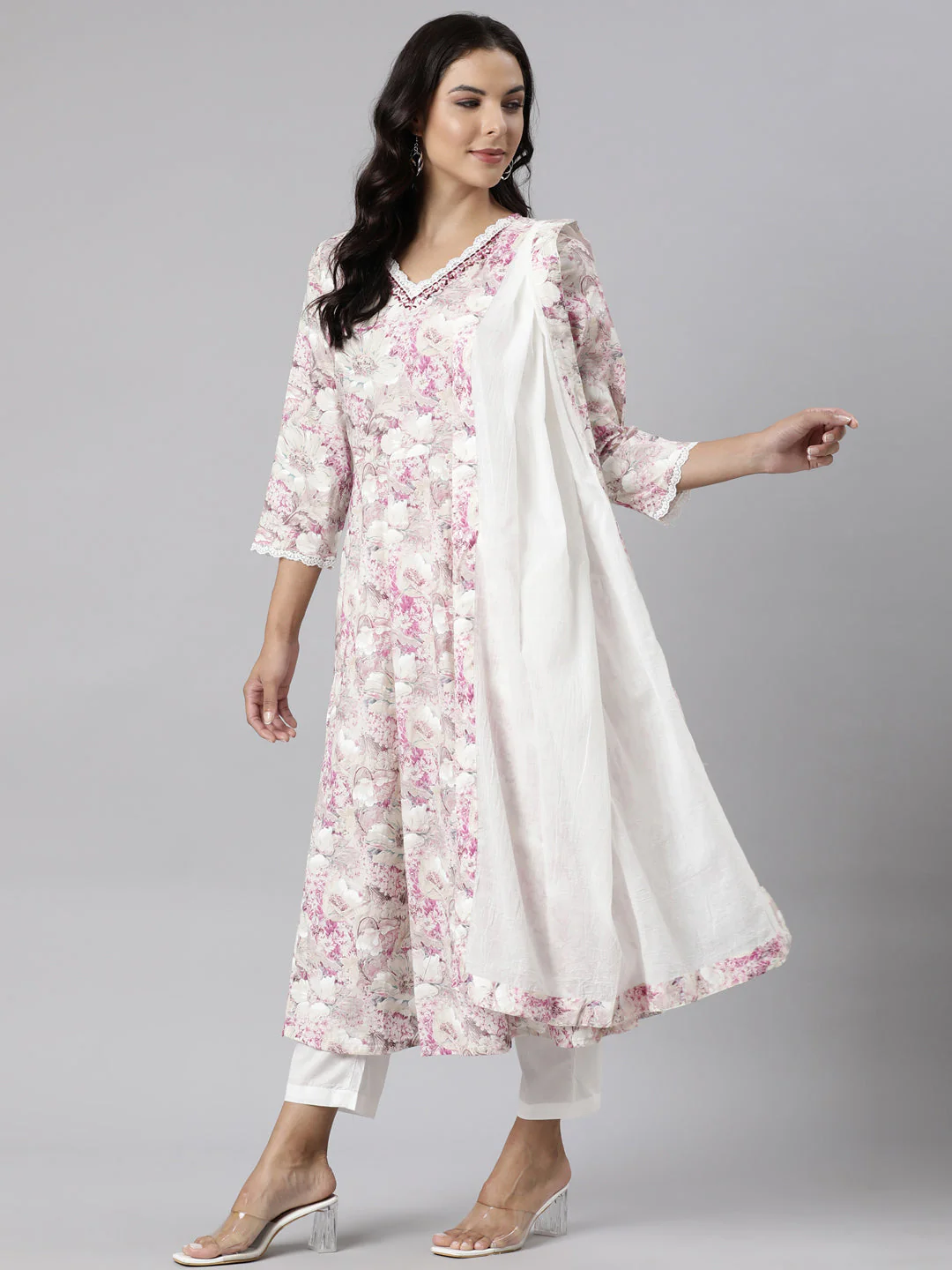 Neerus Beige Panelled Printed Kurta And Trousers With Dupatta - Image 6