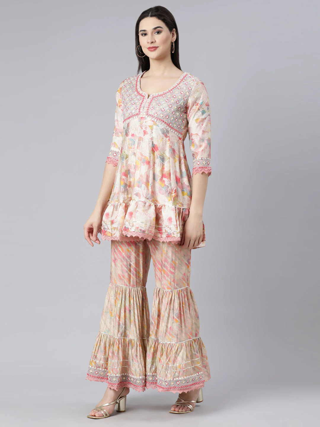 Neerus Beige Panelled Straight Printed Kurti And Sharara With Dupatta - Image 2