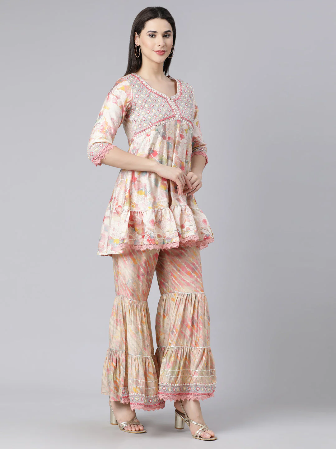 Neerus Beige Panelled Straight Printed Kurti And Sharara With Dupatta - Image 3
