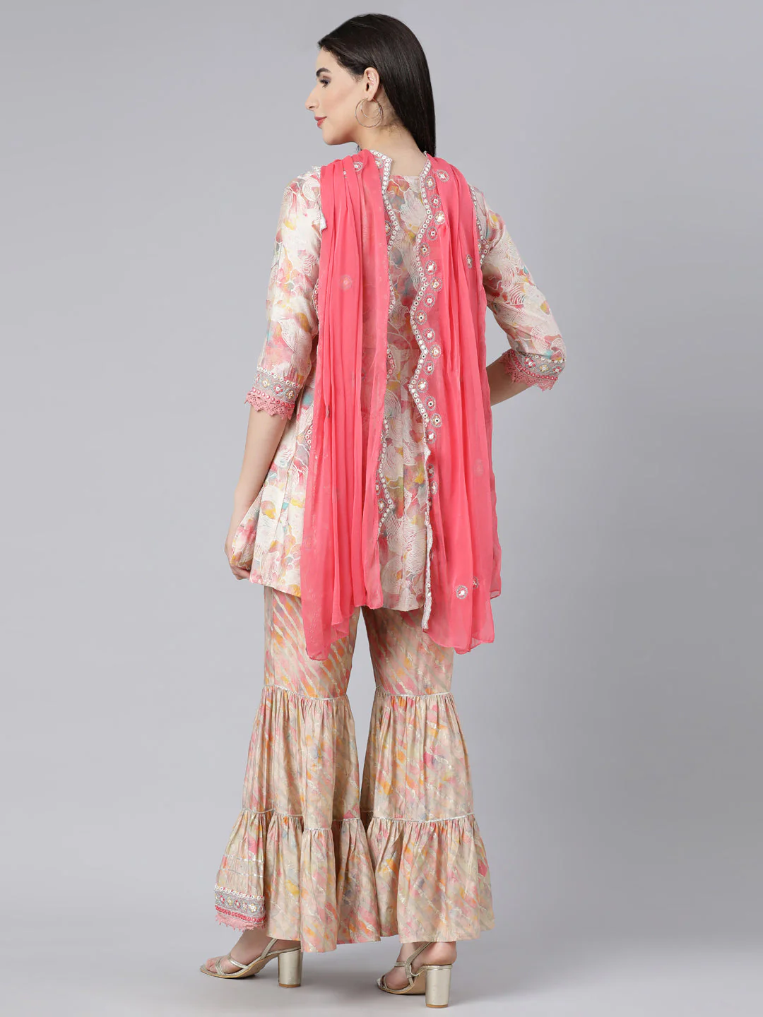 Neerus Beige Panelled Straight Printed Kurti And Sharara With Dupatta - Image 4