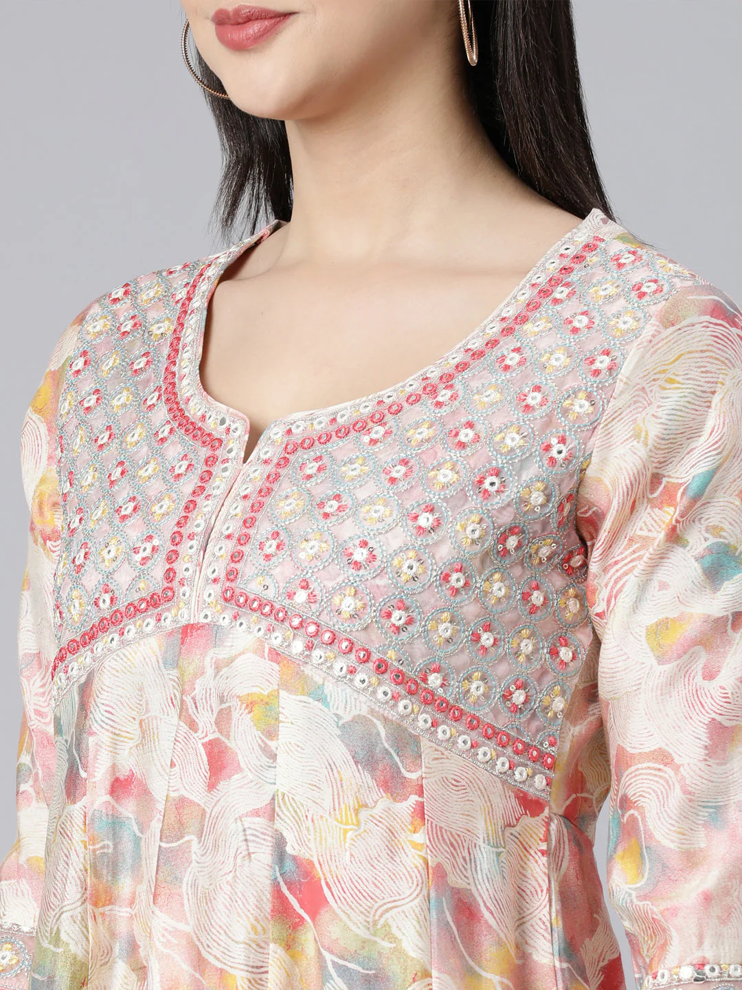 Neerus Beige Panelled Straight Printed Kurti And Sharara With Dupatta - Image 5