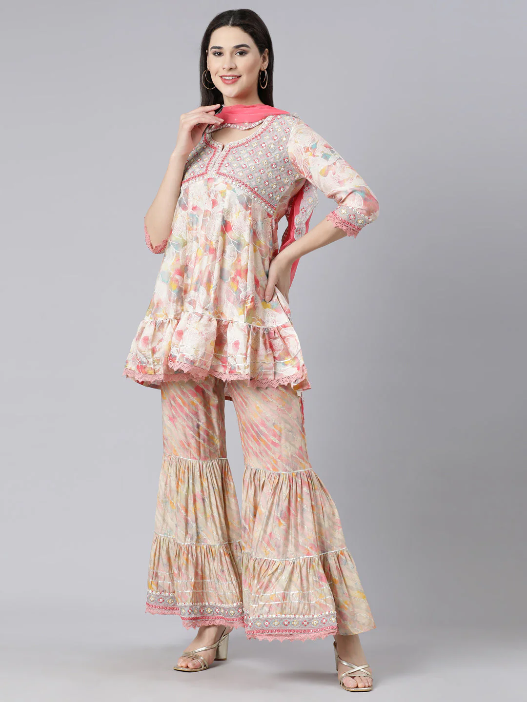 Neerus Beige Panelled Straight Printed Kurti And Sharara With Dupatta - Image 6