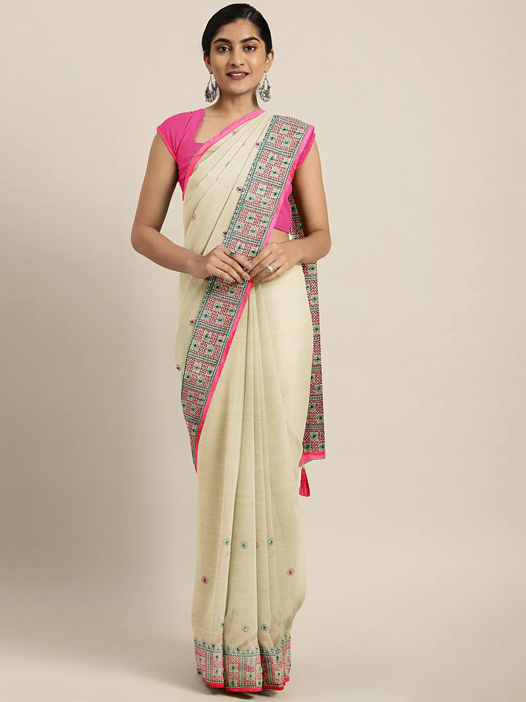 Neerus Beige Pink Poly Chiffon Printed Saree