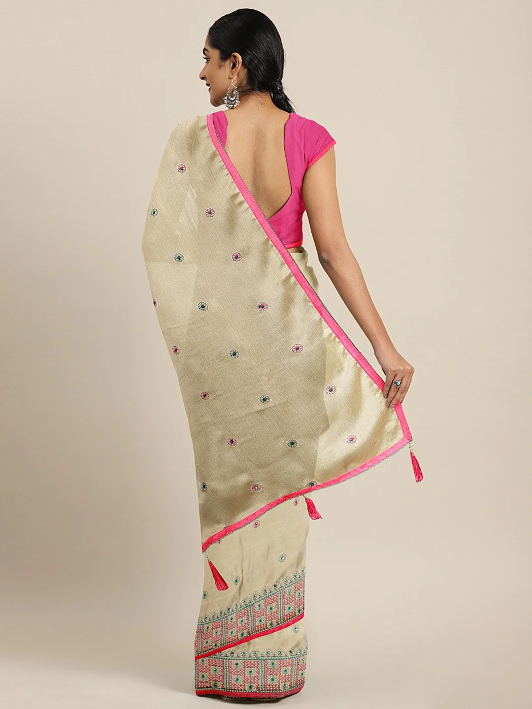 Neerus Beige Pink Poly Chiffon Printed Saree - Image 2