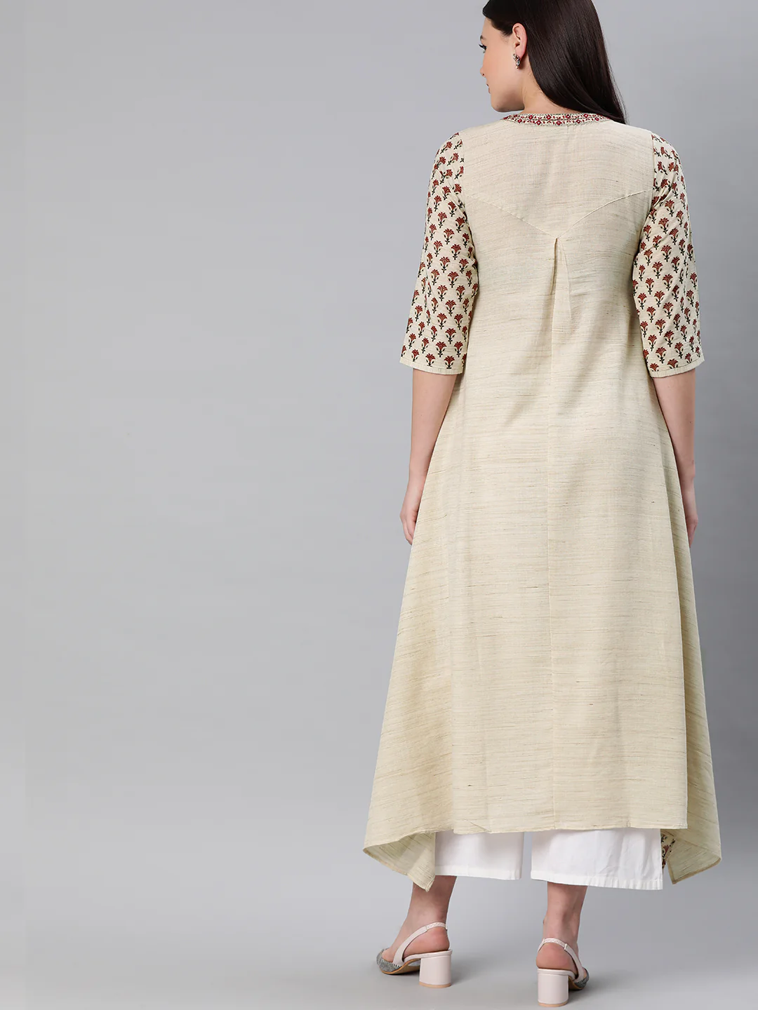 Neerus Beige Printed High Low Kurta - Image 5