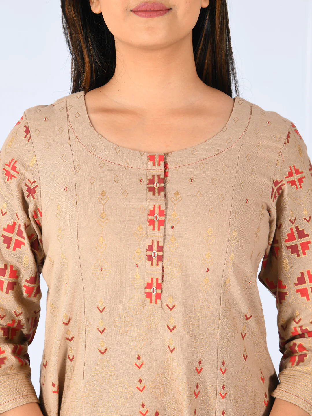 Neerus Beige Printed High Low Kurta - Image 4