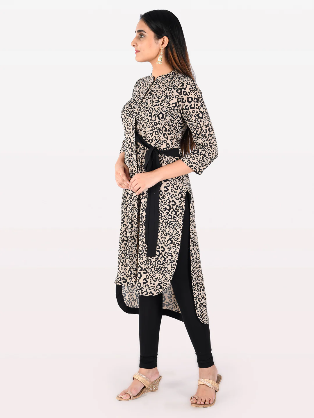 Neerus Beige Printed High Low Kurta - Image 5