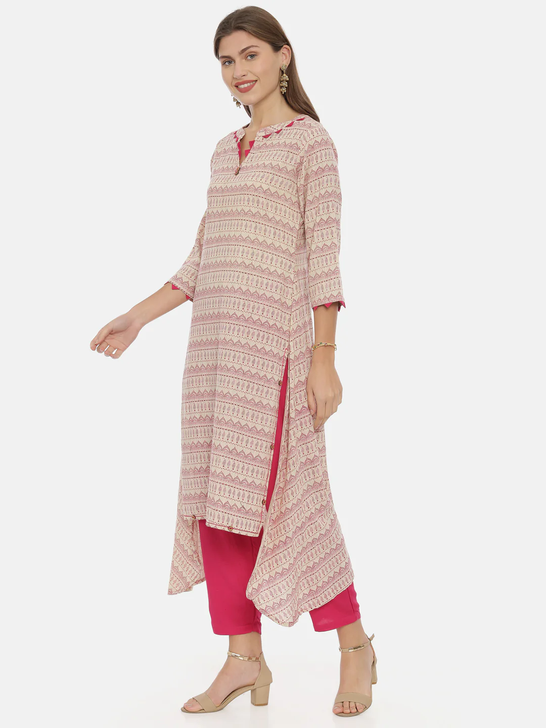 Neerus Beige Printed High Low Kurta - Image 3