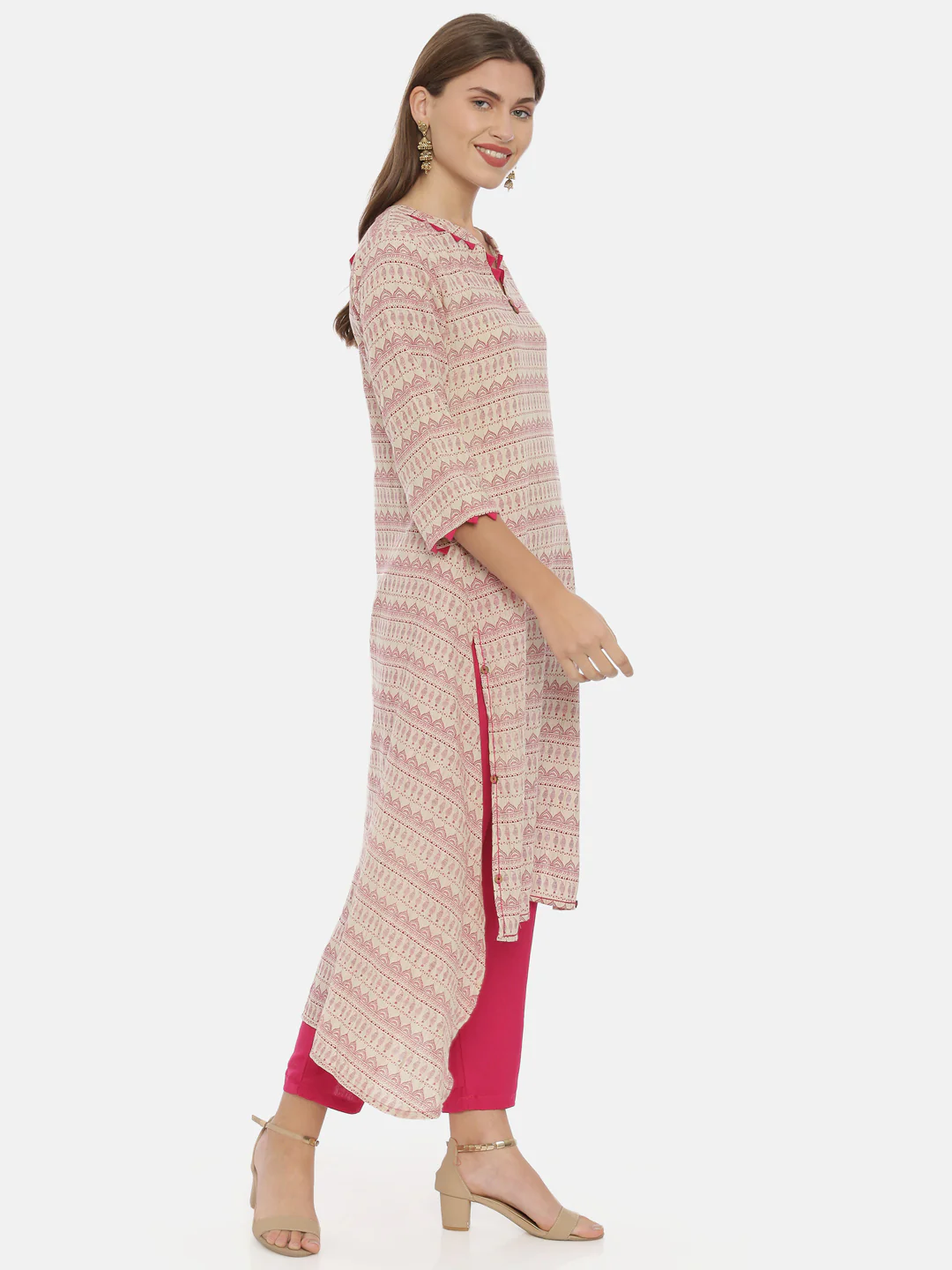 Neerus Beige Printed High Low Kurta - Image 4
