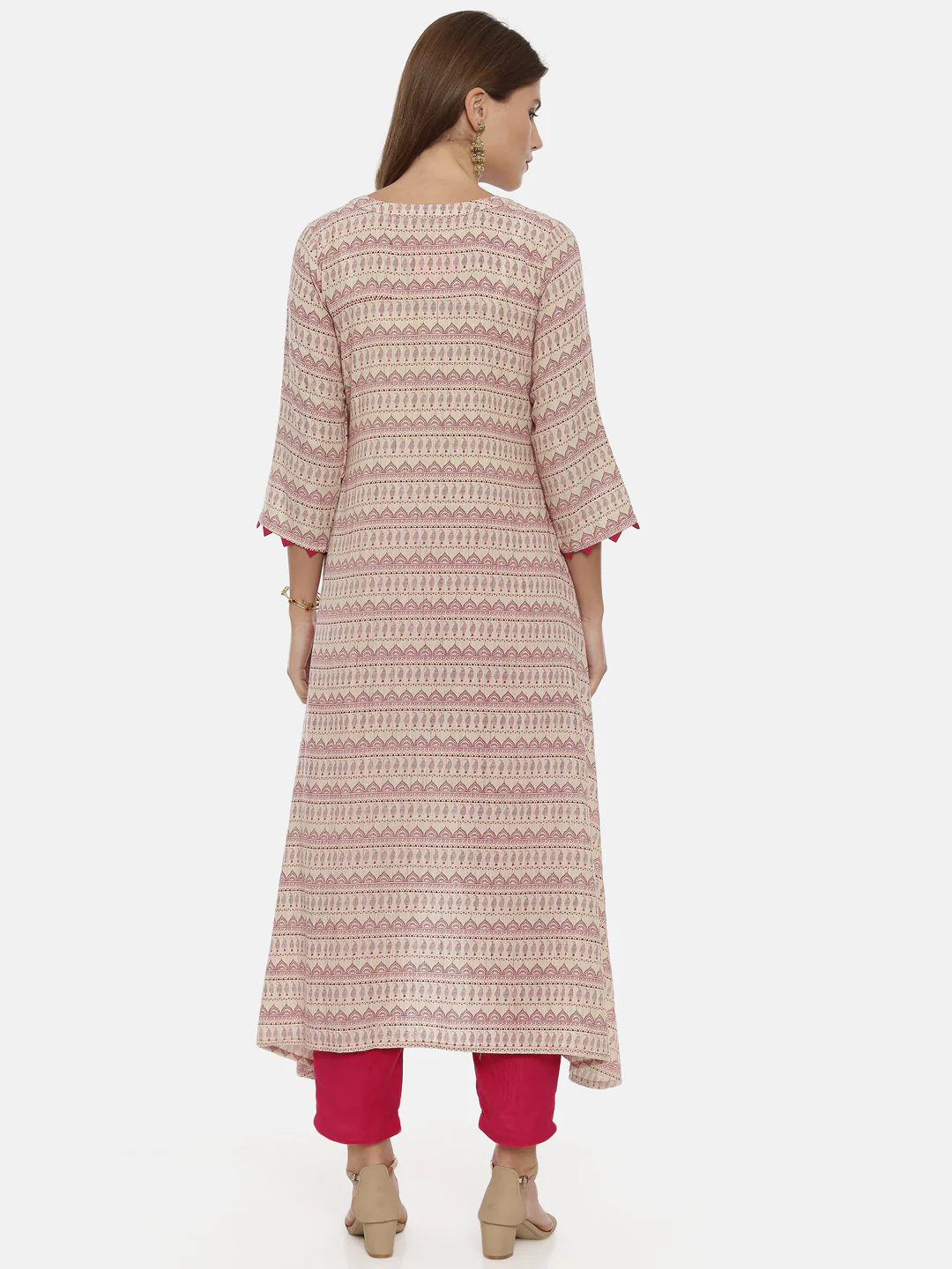 Neerus Beige Printed High Low Kurta - Image 5