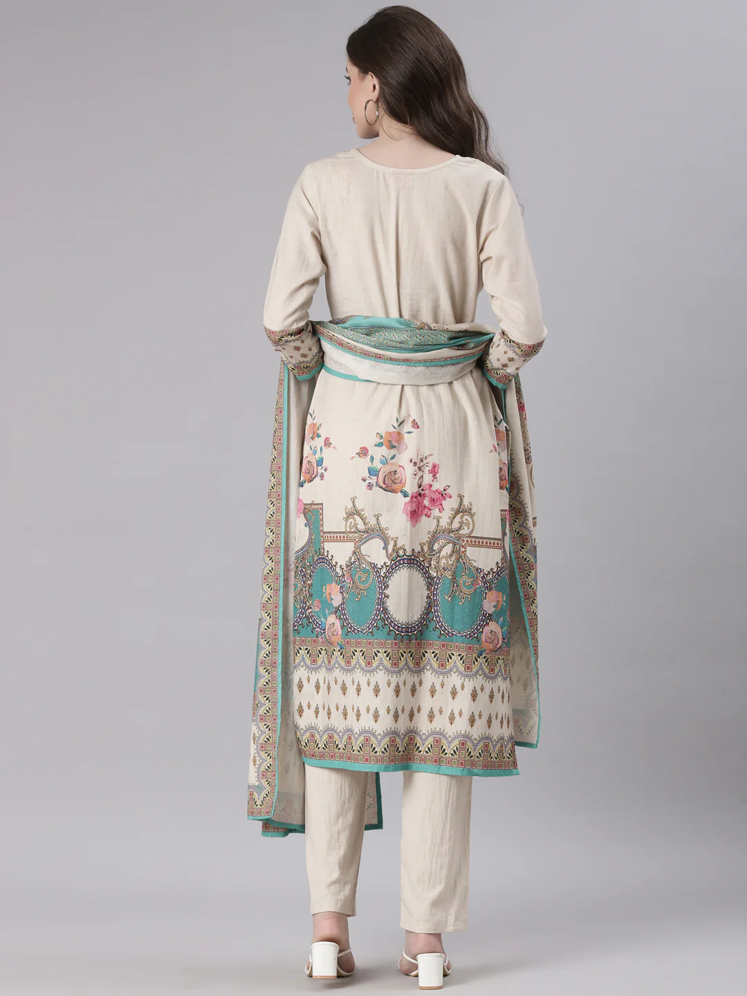 Neerus Beige Printed Straight Kurta and Trousers With Dupatta - Image 3