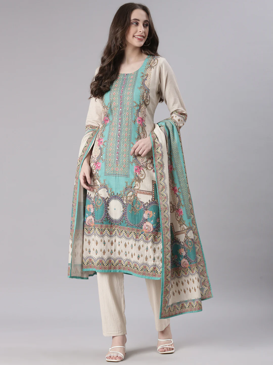 Neerus Beige Printed Straight Kurta and Trousers With Dupatta - Image 5