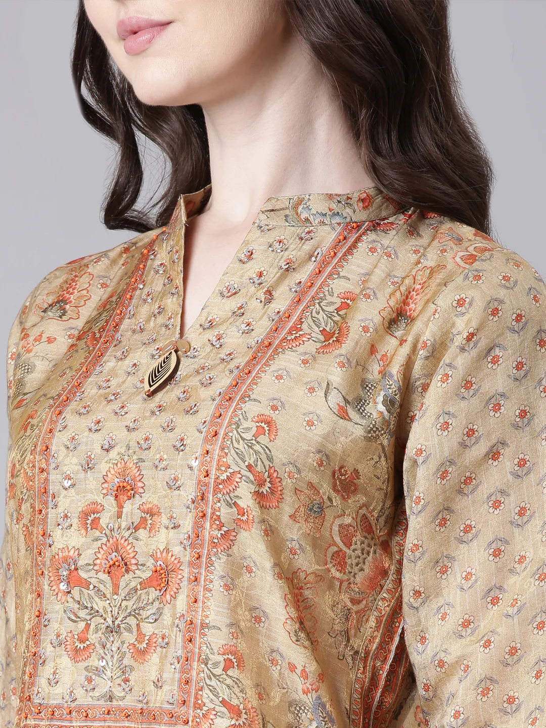 Neerus Beige Printed Straight Kurta and Trousers With Dupatta - Image 4